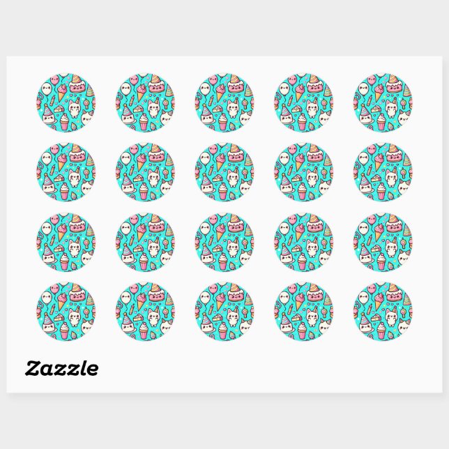 Birthday Kawaii Pattern Classic Round Sticker (Sheet)