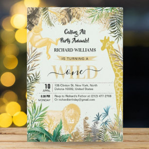 Birthday Kids Wild One Jungle Greenery, Gold Party Invitation
