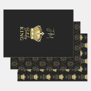 Birthday King Gold Crown Queen Luxury Monogram Wrapping Paper Sheet