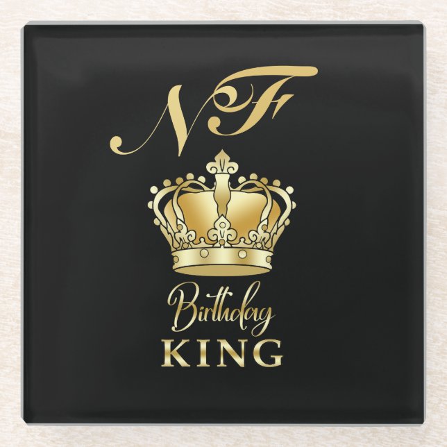 Birthday King Gold Crown Royal Monogram Luxury Glass Coaster (Front)