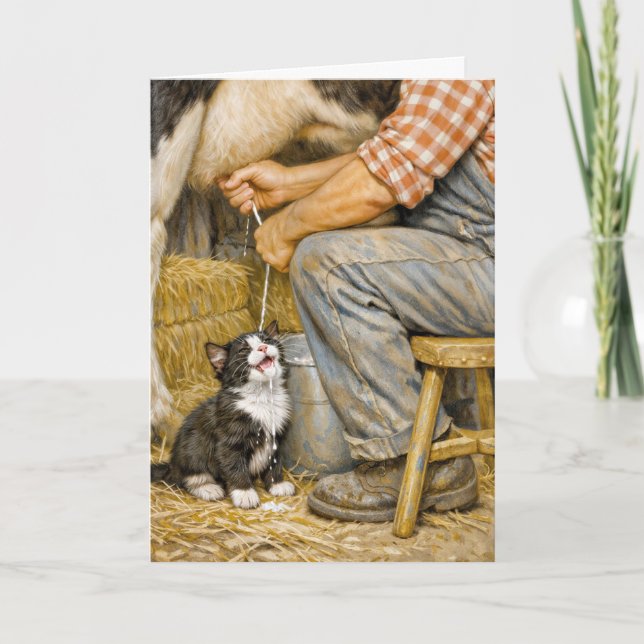 Birthday Kitten Drinking Cow Milk Card (Front)