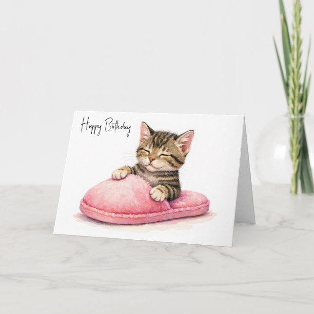 Birthday Kitten Sleeping in a Pink Slipper Card (Front)