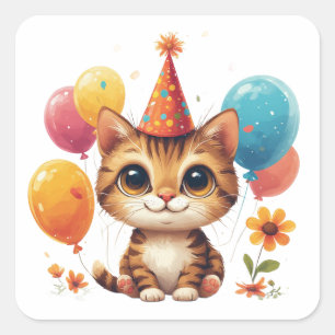 Birthday Kitten With Balloons And Flowers Cute 🎉 Square Sticker