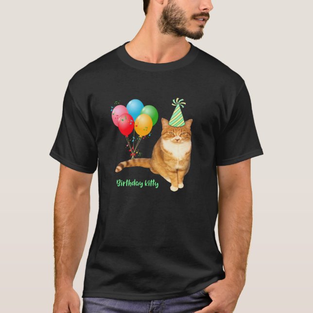Birthday Kitty Orange Tabby Cat With Balloons And  T-Shirt (Front)