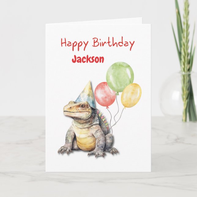 Birthday Komodo Dragon Lizard Party Hat Balloons Card (Front)