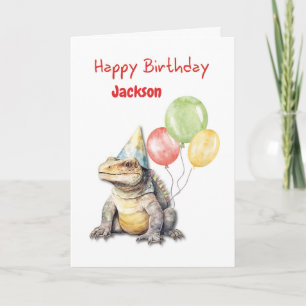 Birthday Komodo Dragon Lizard Party Hat Balloons Card