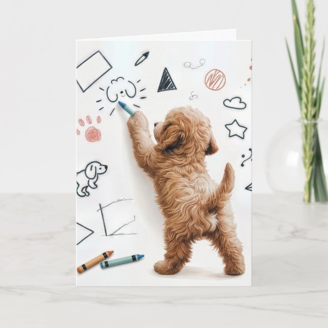 Birthday Labradoodle Doodling With Crayons Card (Front)
