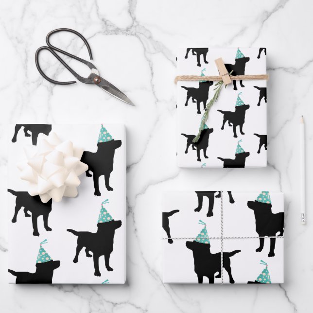 Birthday Labrador Black Dog In Party Hat Wrapping Paper Sheet (Front)