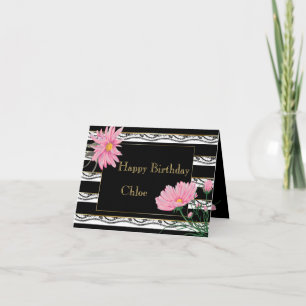 Birthday Lace and Black Stripes with  Pink Daisies Card