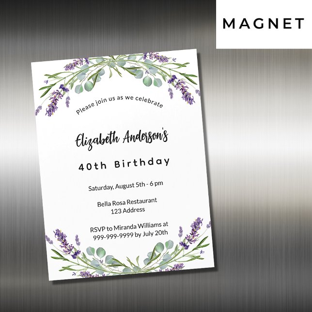 Birthday lavender florals eucalyptus greenery magnetic invitation (Creator Uploaded)