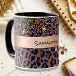 Birthday leopard pattern brown black name age mug<br><div class="desc">Elegant,  cool,  glamourous and feminine gift for as a 50th (or any age) birthday gift with brown,  golden and black leopard pattern,  decorated with golden confetti. Personalise and add a name and age 50. A faux bronze metallic looking band. Black hand lettered style script,  letters. 
.</div>