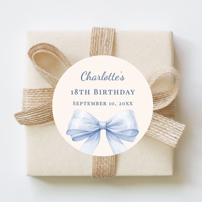 Birthday light blue bow ivory classic round sticker (Creator Uploaded)