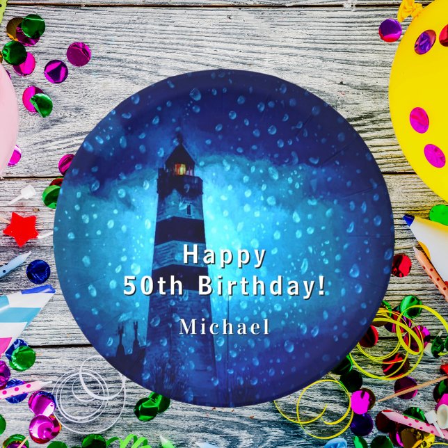 Birthday lighthouse navy blue night monogram paper plate (Creator Uploaded)