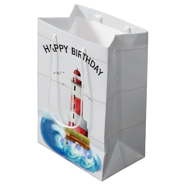 Birthday Lighthouse On Whitewashed Wood Medium Gift Bag (Front Angled)