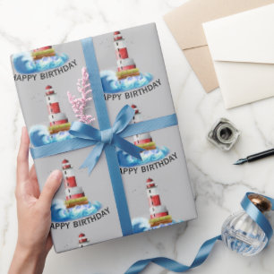Birthday Lighthouse With Wave  Wrapping Paper