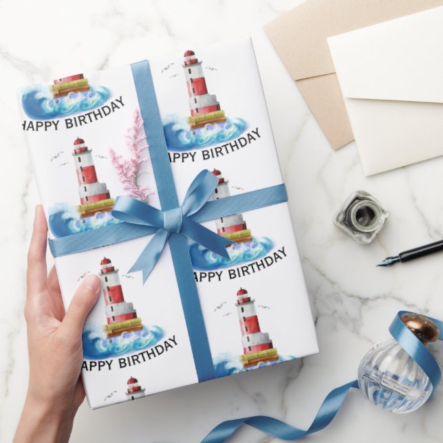 Birthday Lighthouse With Wave   Wrapping Paper (Gifting)