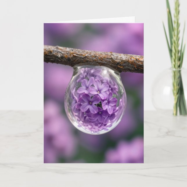 Birthday Lilac Blossom Reflected in Raindrop Card (Front)