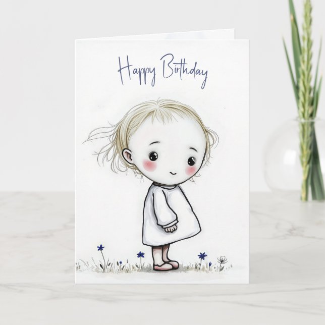 Birthday Little Girl Sketch With Wildflowers Card (Front)