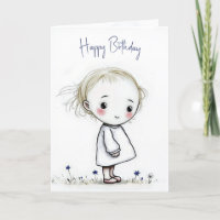Birthday Little Girl Sketch With Wildflowers