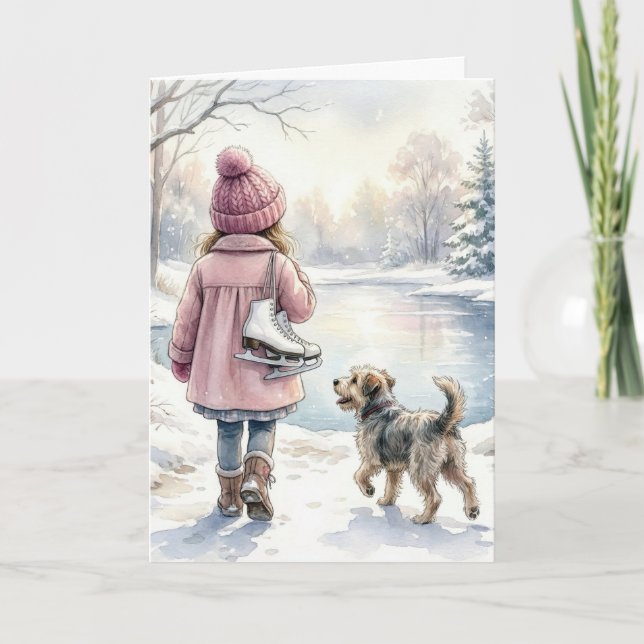 Birthday Little Girl With Ice Skates and Dog Card (Front)
