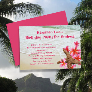Birthday Luau Pink Frangipani Starfish Invitations