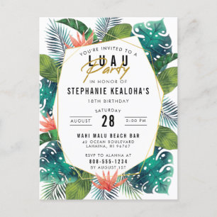 Birthday Luau Tropical Palm Leaves & Monstera Invitation Postcard
