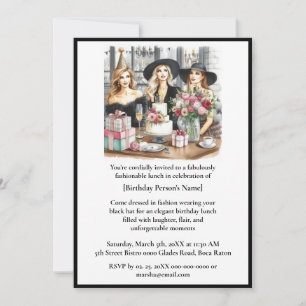 Birthday Lunch Chic Ladies Black Hat  Invitation