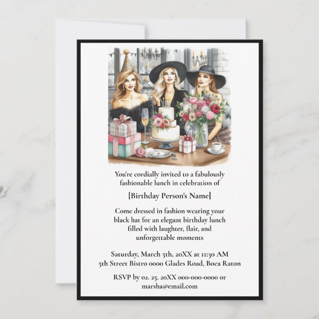 Birthday Lunch Chic Ladies Black Hat  Invitation (Front)