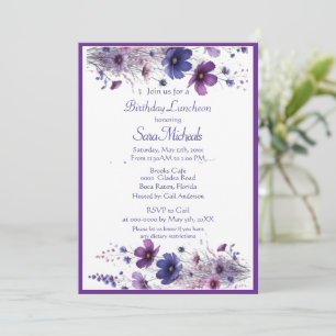 Birthday Lunch Purple Watercolor Flowers  Invitation