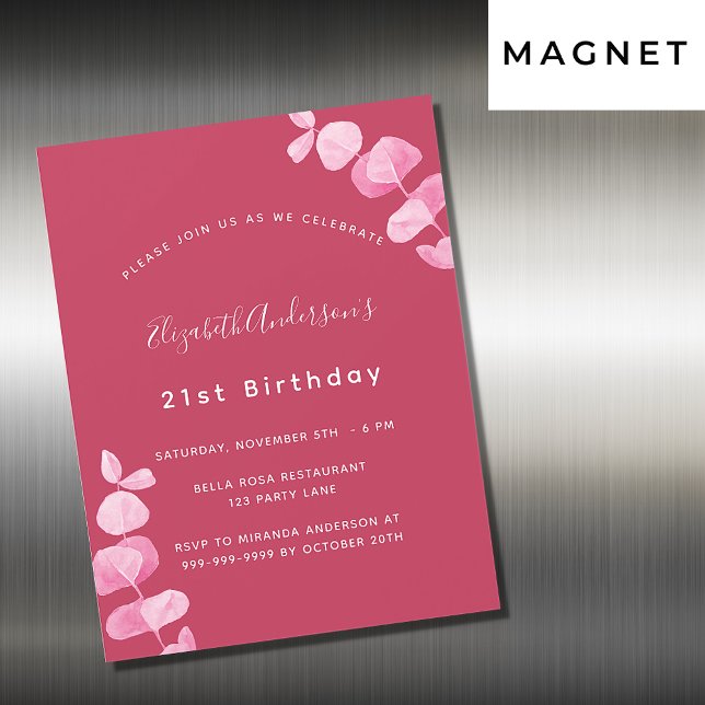 Birthday magenta white eucalyptus luxury magnetic invitation (Creator Uploaded)