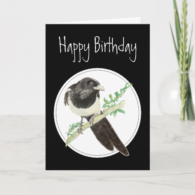 Birthday Magpie, Watercolor Bird Collection, Card (Front)