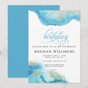 Birthday March Aquamarine Watercolor Geode Invitation