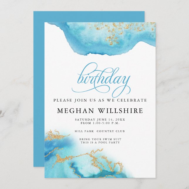 Birthday March Aquamarine Watercolor Geode Invitation (Front/Back)