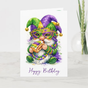 Birthday Mardi Gras Gnome Eating King Cake Card