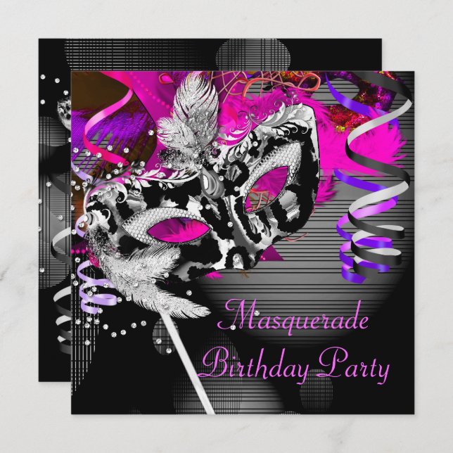Birthday Masquerade Party Mask Silver Pink 2 Invitation (Front/Back)