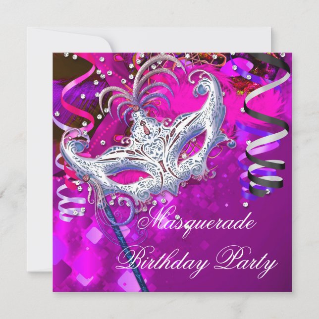 Birthday Masquerade Party Mask Silver Pink Invitation (Front)
