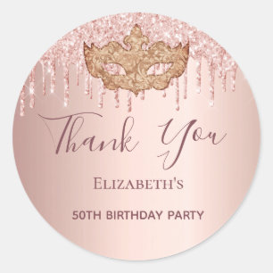 Birthday masquerade rose gold glitter Thank You Classic Round Sticker
