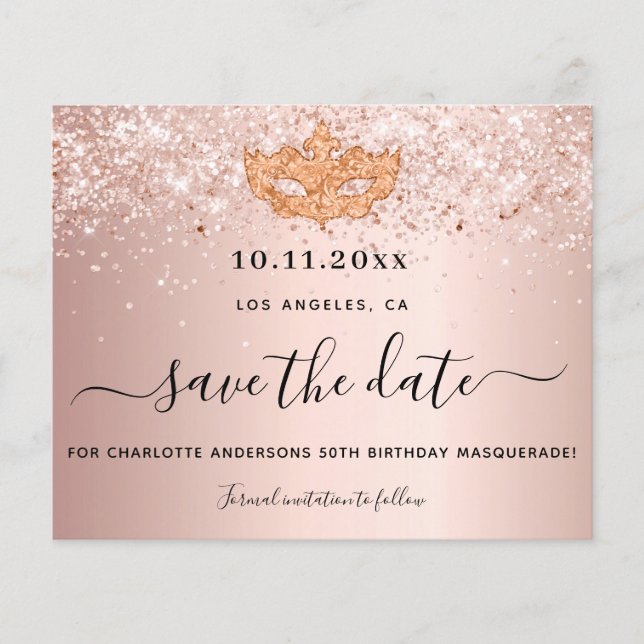 Birthday masquerade rose gold save the date (Front)
