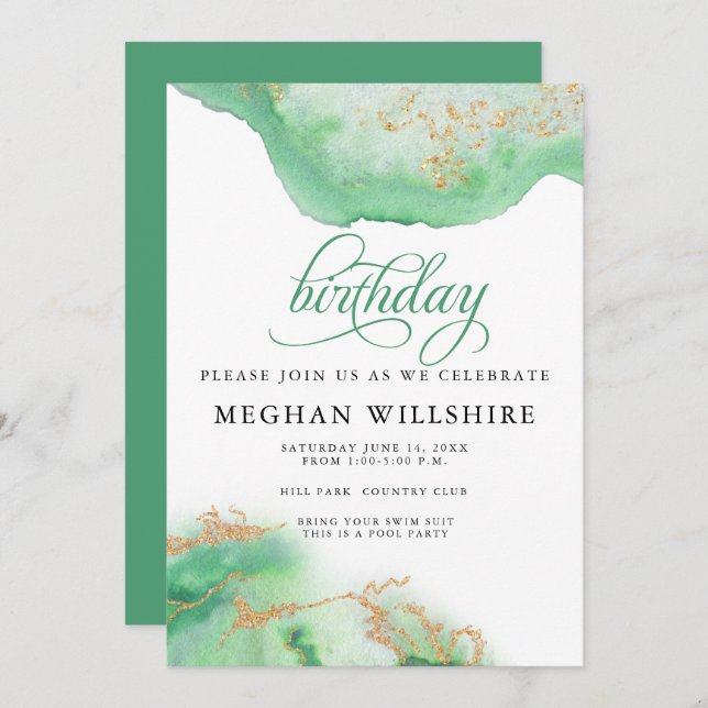 Birthday May Emerald Green Watercolor Geode Invitation (Front/Back)