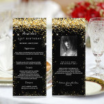 Birthday Menu black gold glitter photo fun facts<br><div class="desc">Birthday party menu card.  Personalise and add a name,  age,  date and the menu. A chic black background,  decorated with faux glitter,  sparkles.  White coloured letters.
Back: add a photo of the birthday girl,  fun facts and names.</div>