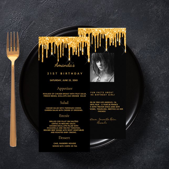 Birthday Menu black gold photo glitter fun facts (Creator Uploaded)