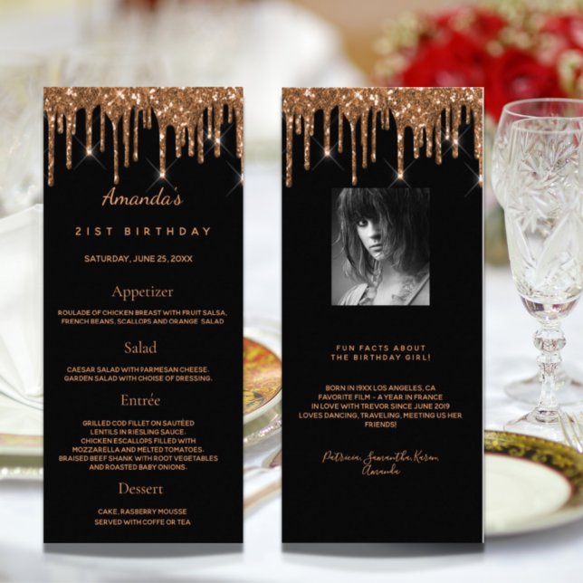Birthday Menu black gold photo glitter fun facts (Creator Uploaded)