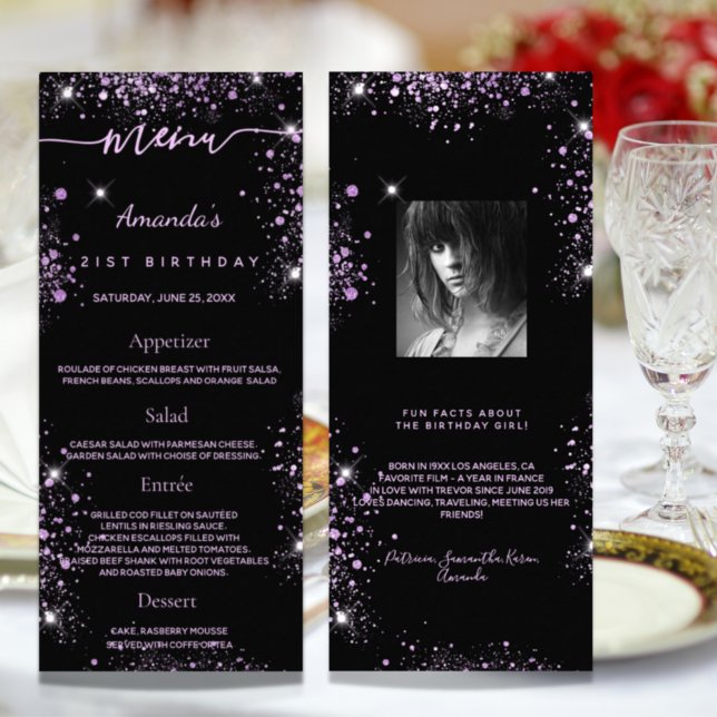 Birthday Menu black purple photo glitter fun facts (Creator Uploaded)