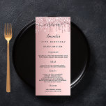 Birthday Menu blush pink glitter drips monogram<br><div class="desc">Birthday party menu card.  Personalise and add a name,  age,  date and the menu. Bush pink faux metallic looking background,  decorated with faux glitter drips.  Black coloured letters.</div>