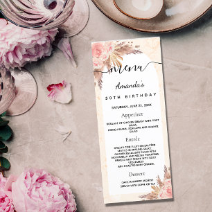 Birthday menu pampas grass rose gold floral marble