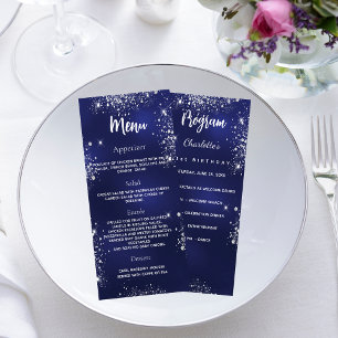Birthday Menu program navy blue silver sparkles
