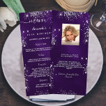 Birthday Menu purple silver glitter photo fun fact<br><div class="desc">Birthday party menu card.  Personalise and add a name,  age,  date and the menu. A purple background,  decorated with faux silver glitter dust.  The purple colour is uneven. White coloured letters.
Back: add a photo of the birthday girl,  fun facts and names.</div>