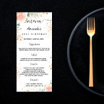 Birthday Menu rose gold floral eucalyptus glitter<br><div class="desc">Birthday party menu card.  Personalise and add a name,  age,  date and the menu. A chic white background,  decorated with faux gold glitter dust,  rose gold and blush pink florals,  and eucalyptus greenery .  Black coloured letters.</div>