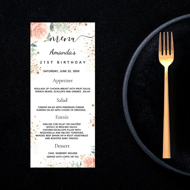 Birthday Menu rose gold floral eucalyptus glitter (Creator Uploaded)