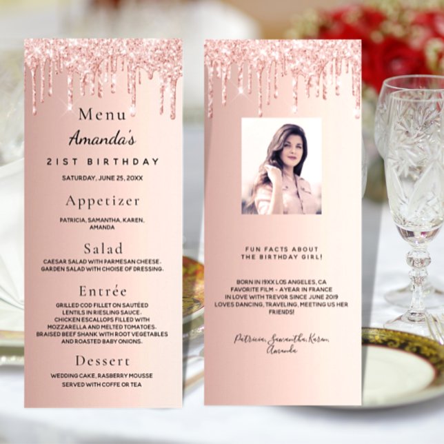 Birthday Menu rose gold glitter drips fun facts (Creator Uploaded)